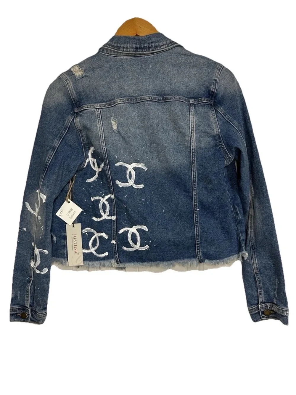 Just USA Distressed Jean Jacket Hand Painted Boutique NWT Sz L Wearable Art - Picture 4 of 13
